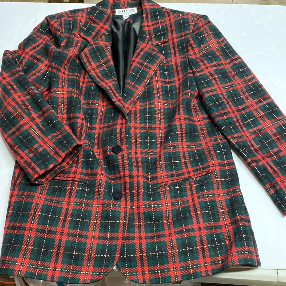 Wool Christmas Blazer 2 Button Red/Green/Gold Plaid Women’s Size 14 Shoulder Pad